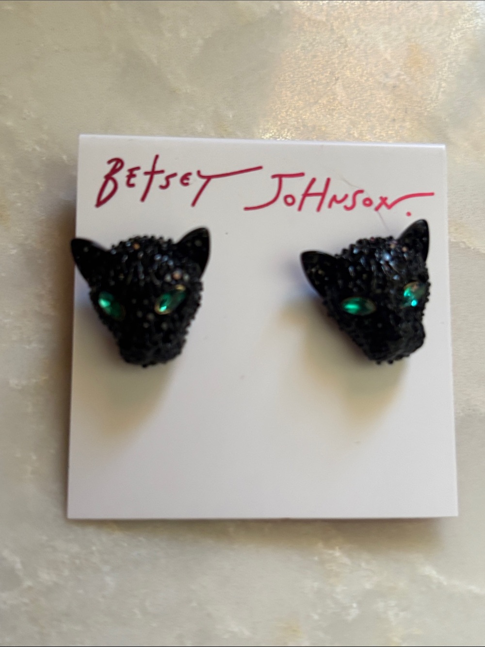 Betsey Johnson Black Panther Head Stud Earrings with Green Eyes